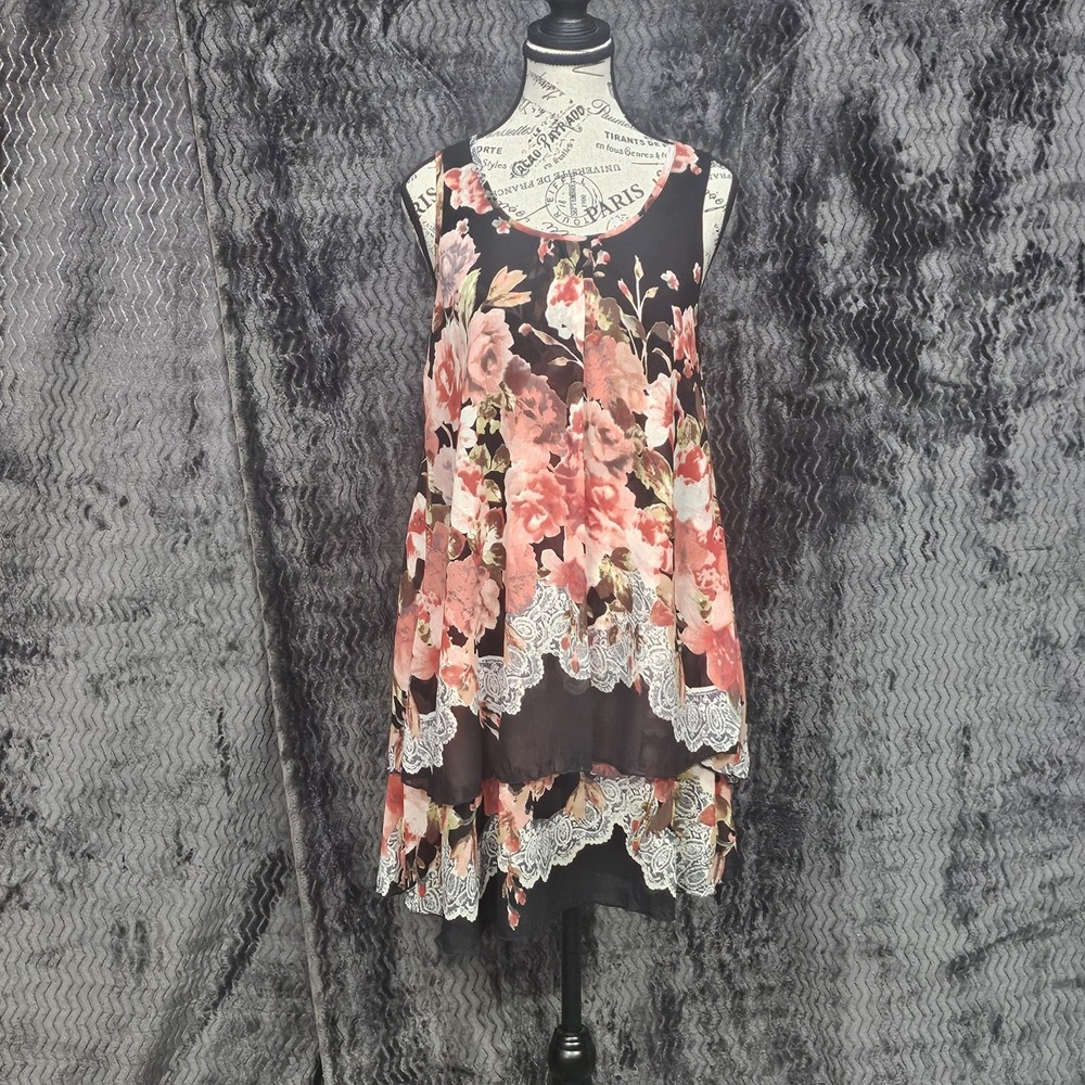 The Pyramid‎ Collection Tank Dress Womens XS Floral Semi Sheer Layered Romantic
